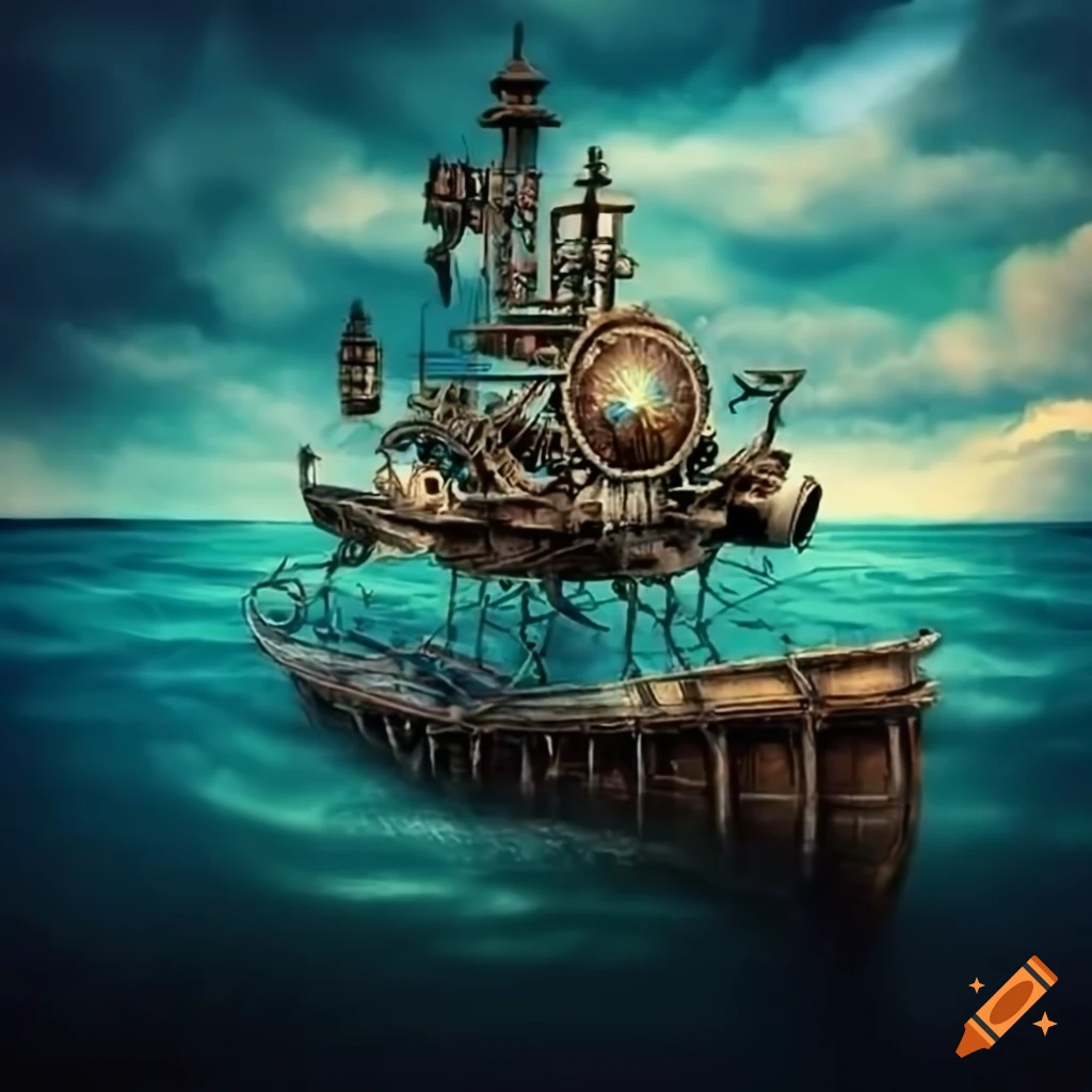 steampunk boat sailing in a surreal landscape