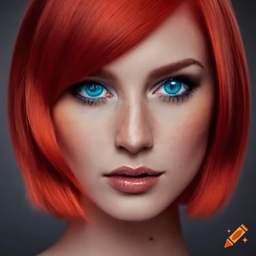 Portrait of a young woman with red bob hair and delicate freckles on ...