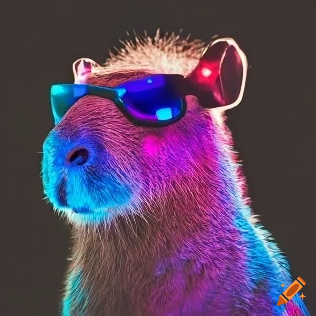 capybara wearing sunglasses with colorful reflections