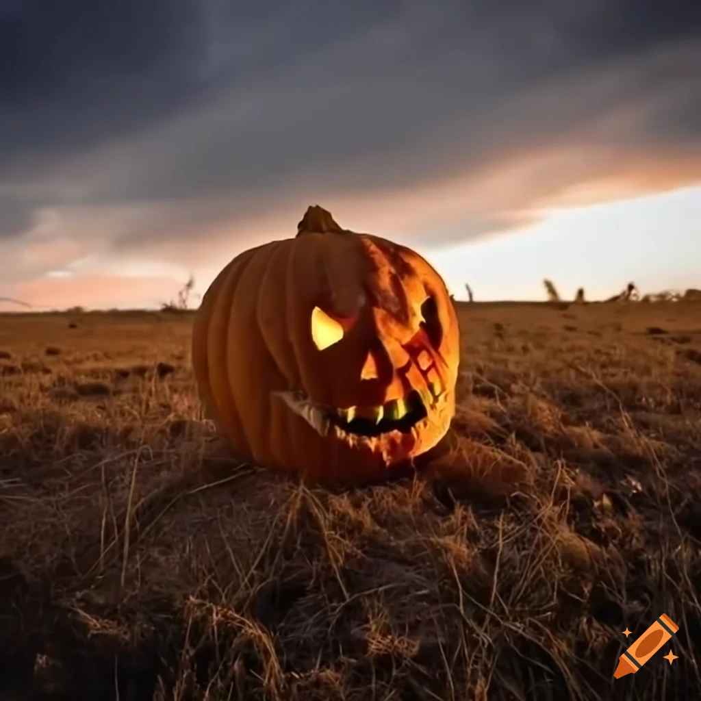 Creepy Jack O Lantern In A Grass Field At Sunset On Craiyon 85ea8d9dae474de69e401da6ebe9b488.webp