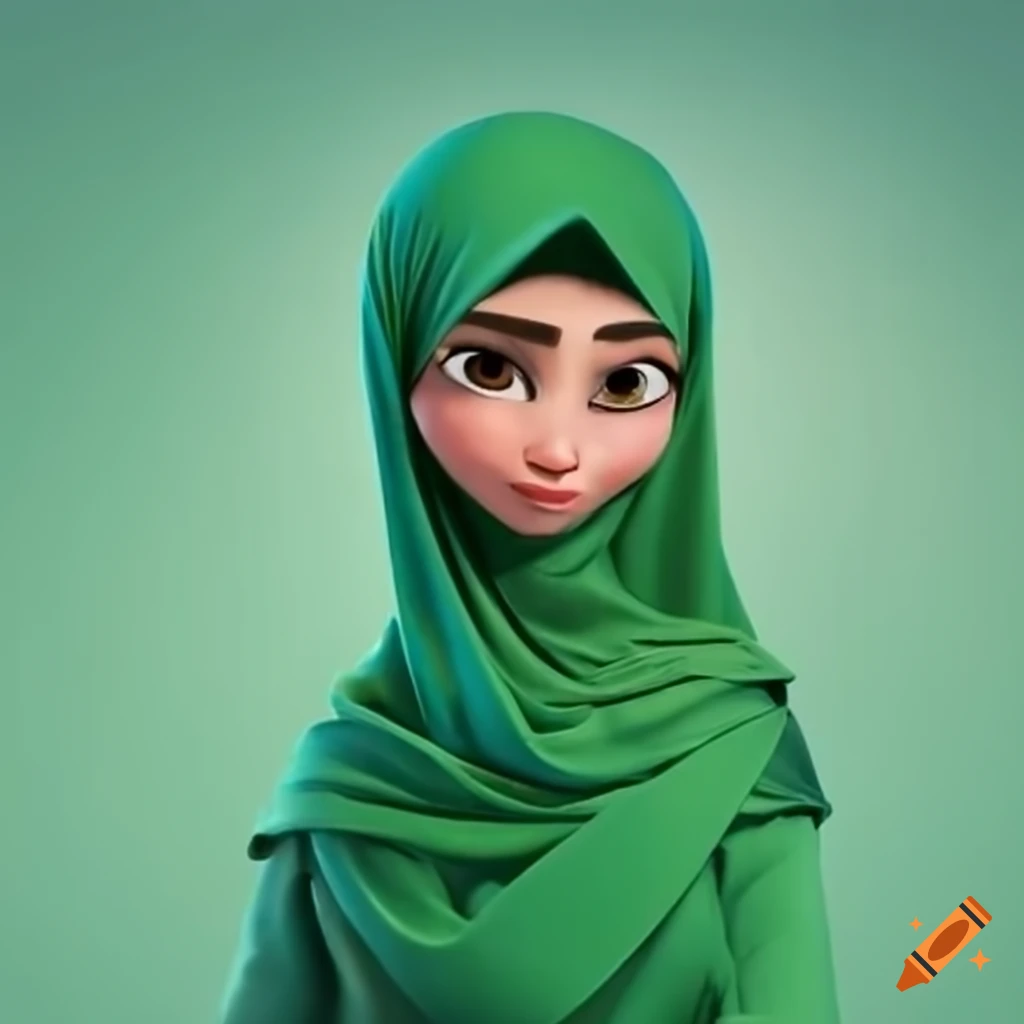 Girl,jojo bizare style,blue eyes, smile, green headscarf muslim