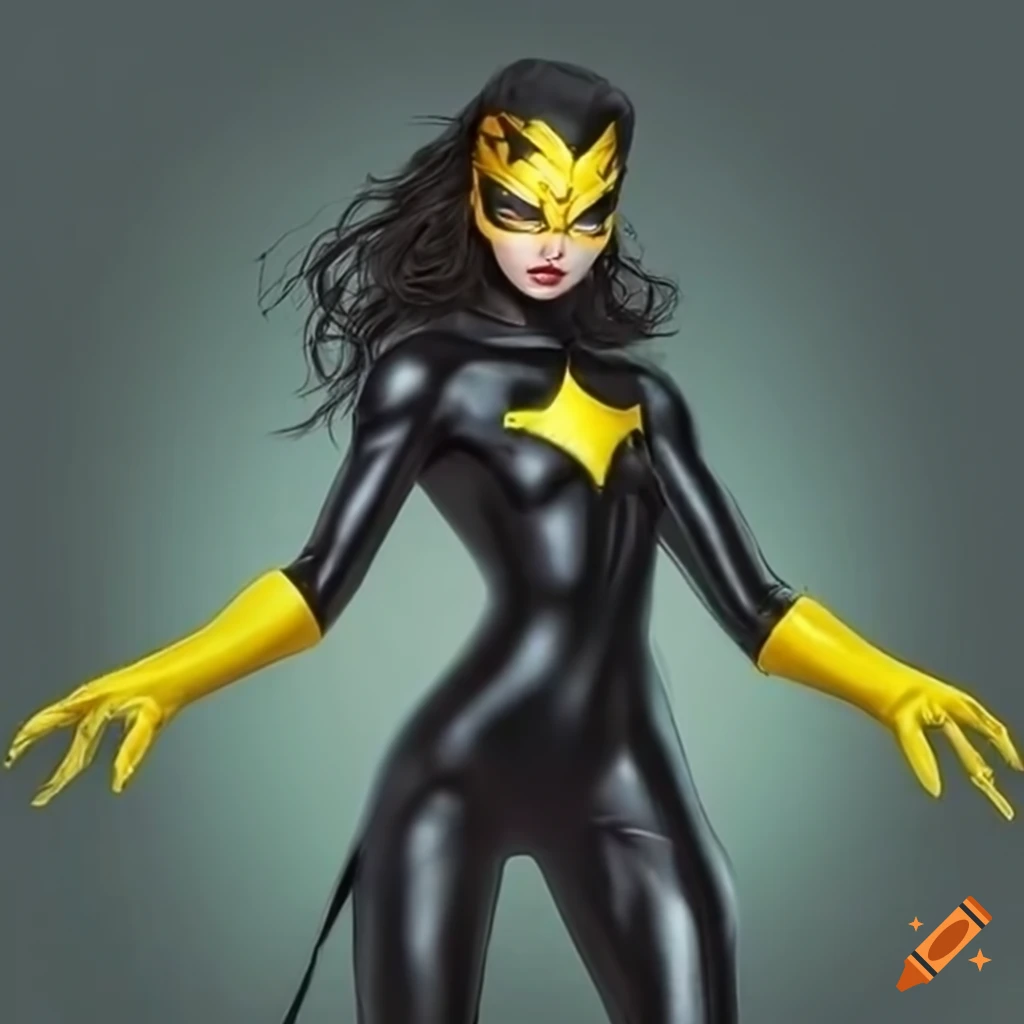 Female superhero in black bodysuit with yellow accents on Craiyon
