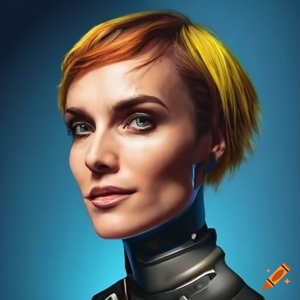 character design of a strong woman with short yellow hair in futuristic clothing