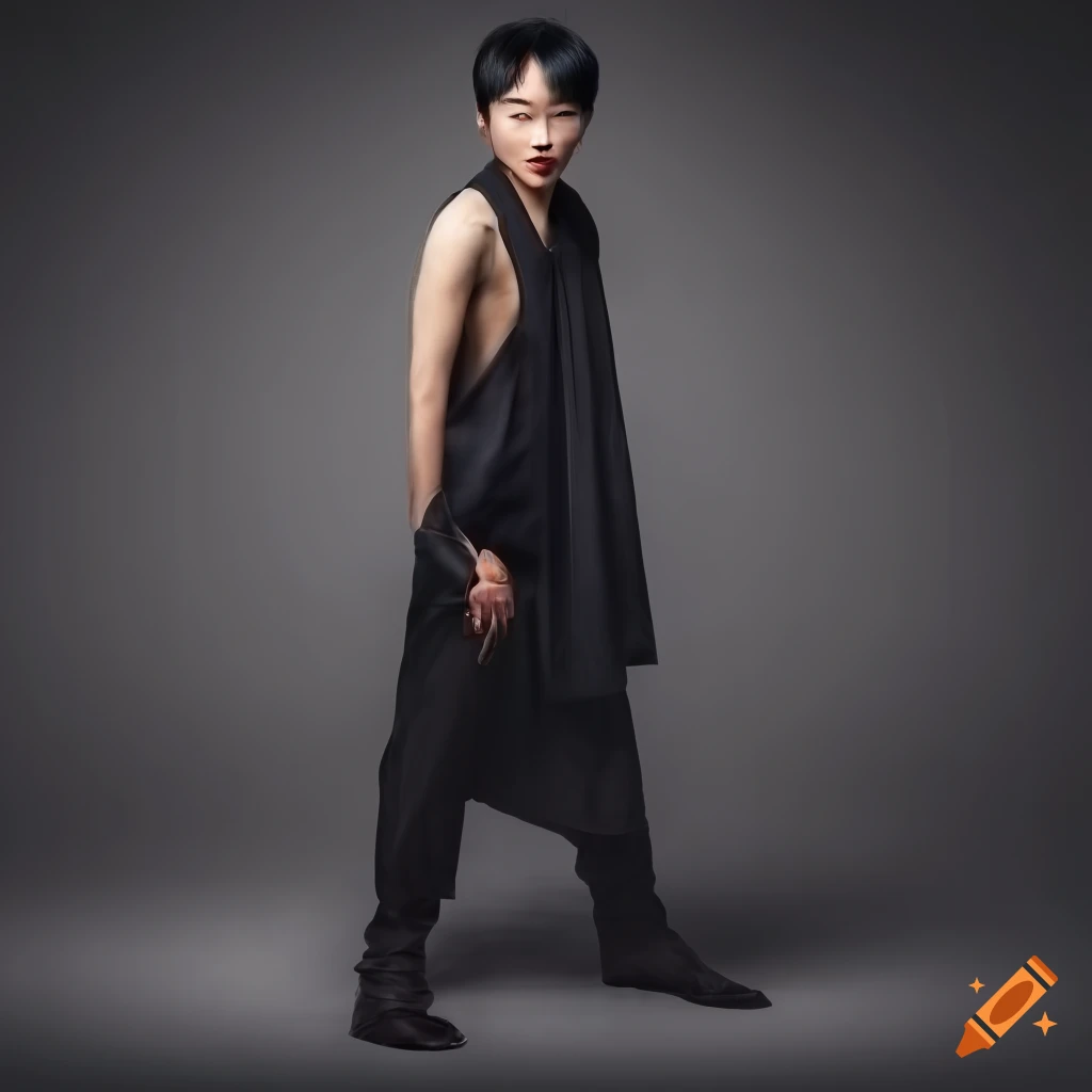 full-length realistic portrait of an Asian man in a sinister pose