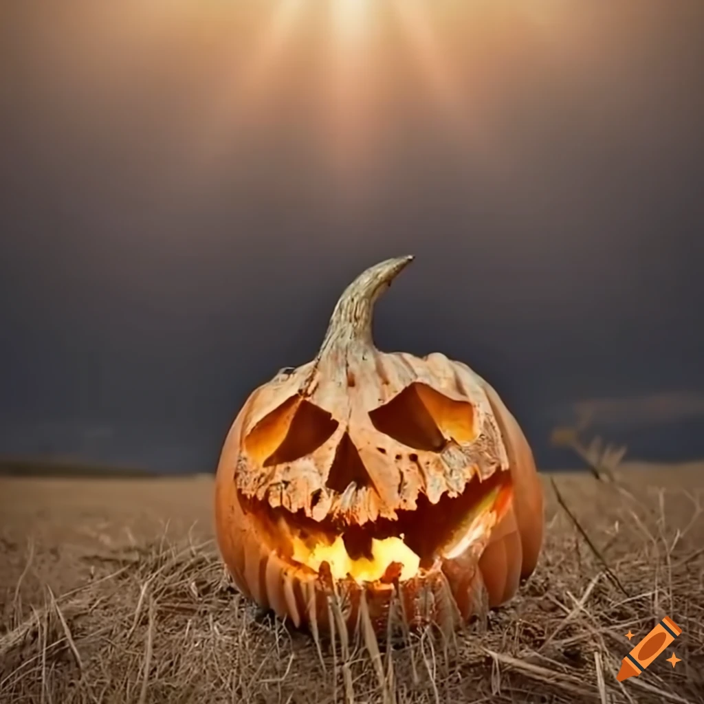 Creepy jack o lantern in a grass field at sunset on Craiyon