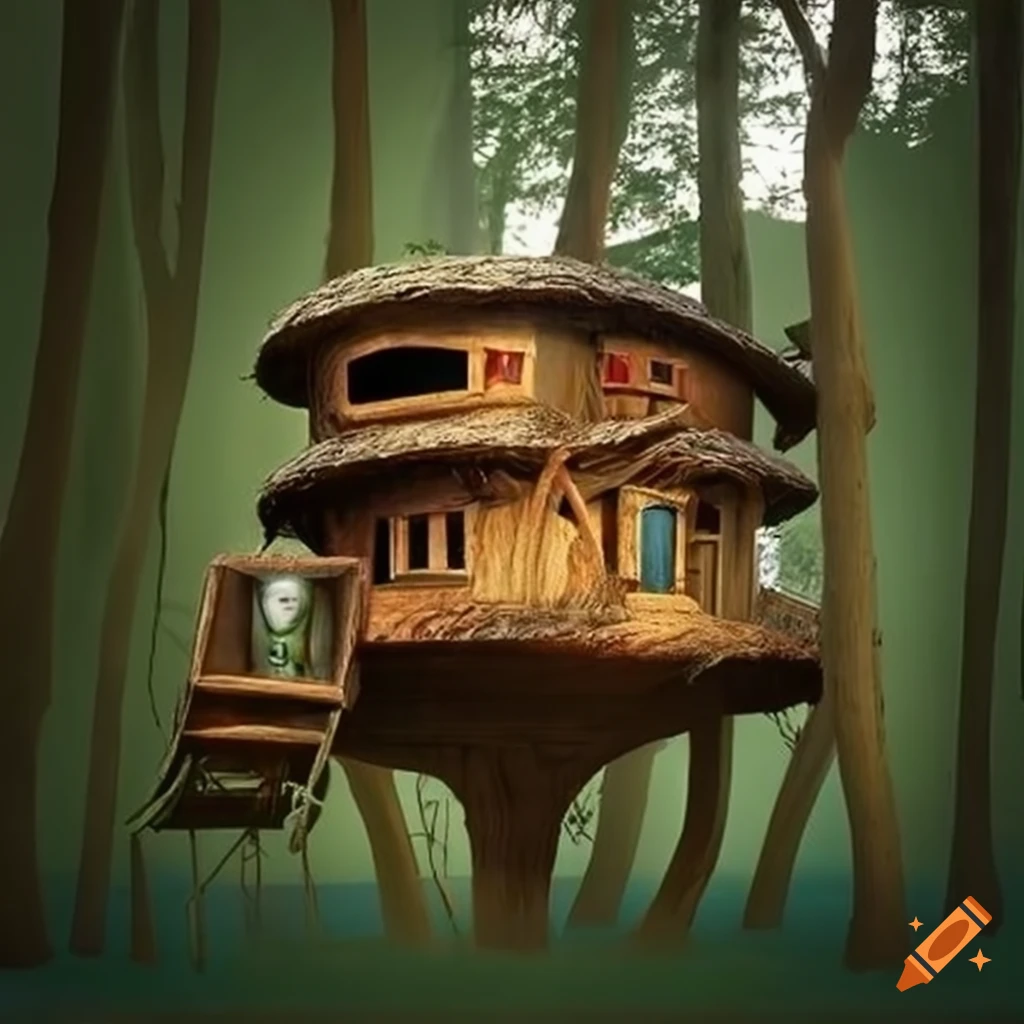 treehouse in the branches of a tall tree