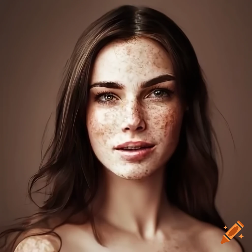 Portrait of a beautiful woman with freckles and dark brown hair on Craiyon