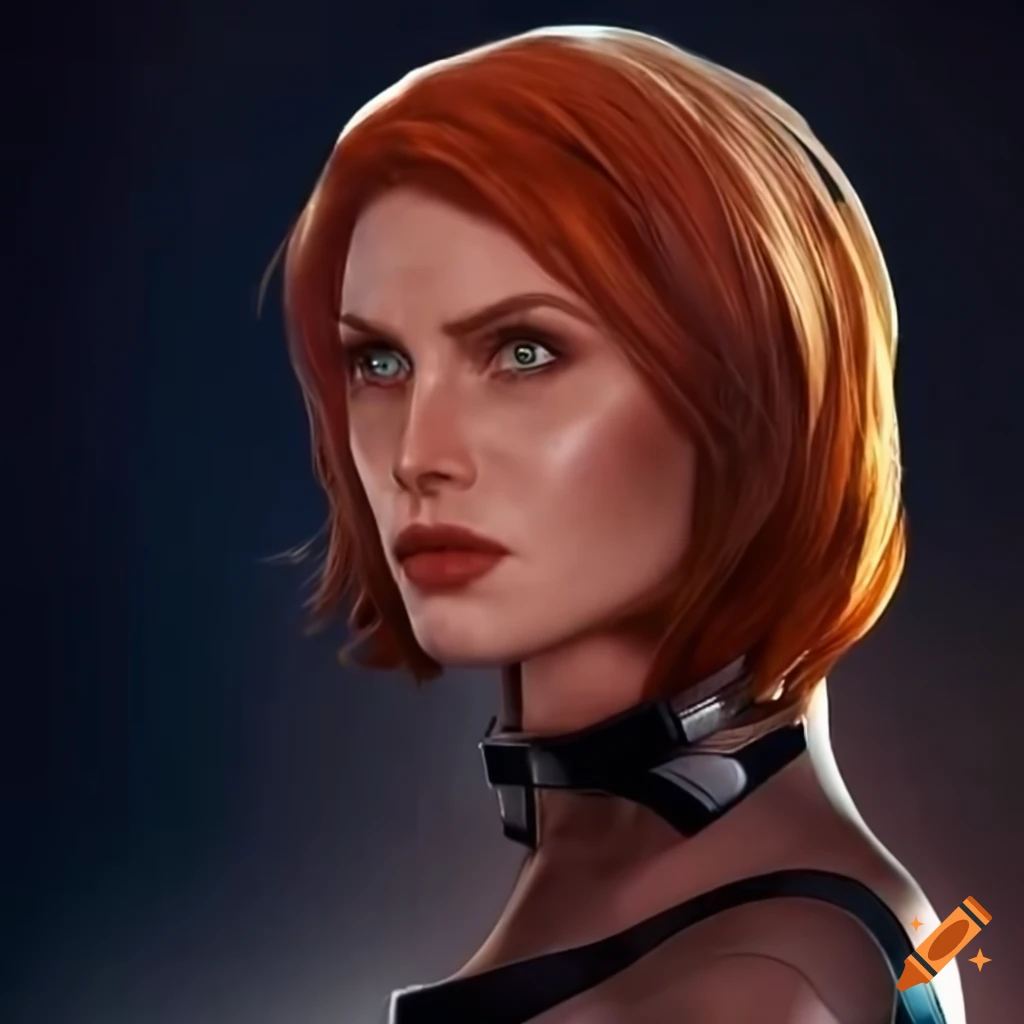 Futuristic woman with short red hair in space station attire