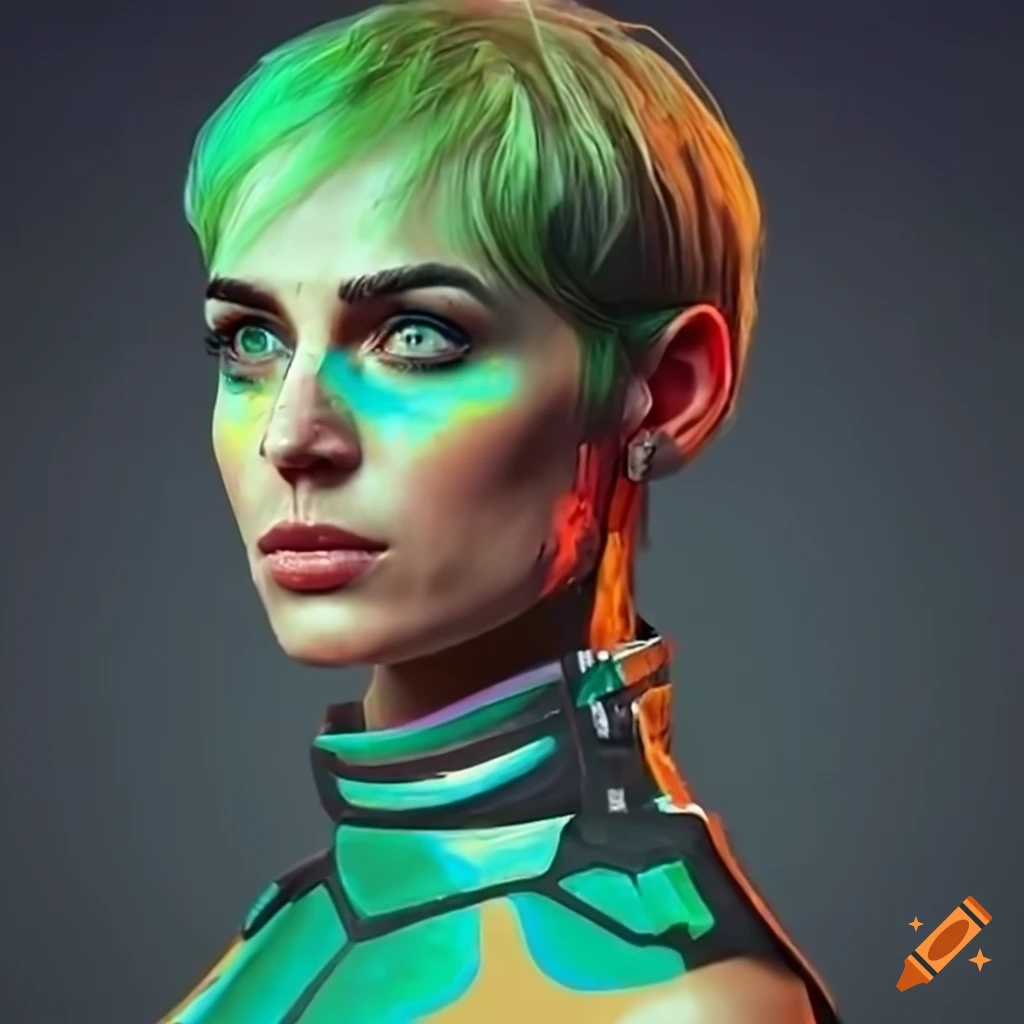 Character Design Of A Futuristic Woman With Green Hair And Green Eyes