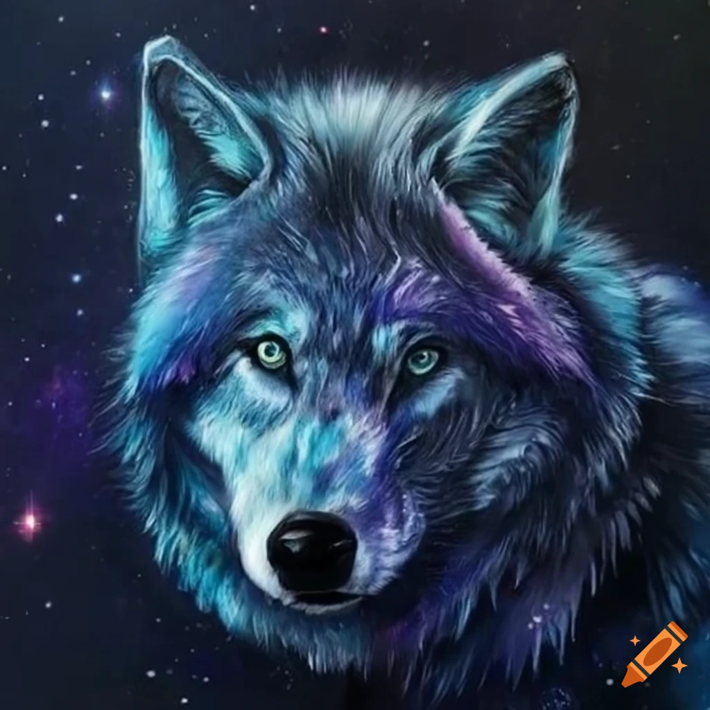 Artistic depiction of a galaxy wolf on Craiyon
