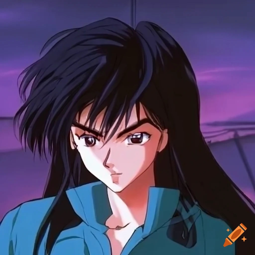 90s anime female badass character with long brunette hair, red cap