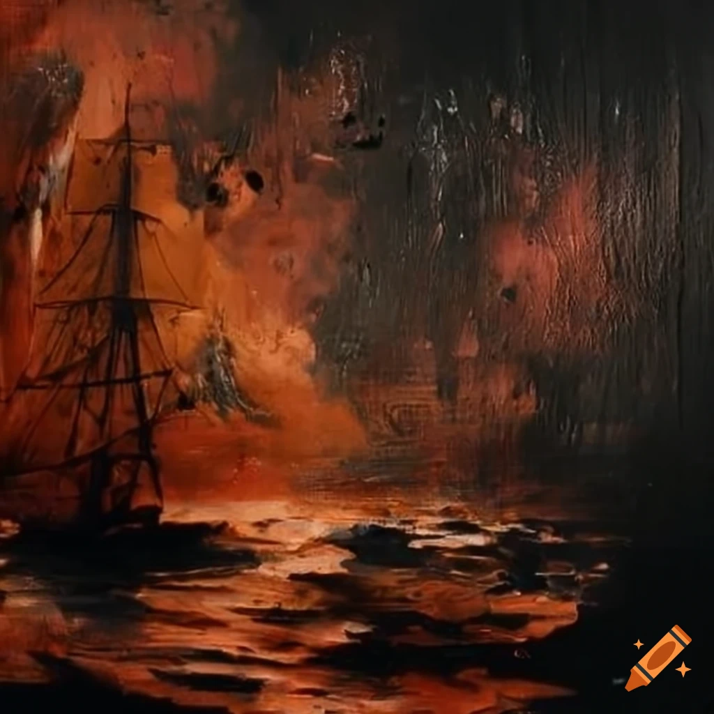 abstract painting of copper and black splatters inspired by merchant navy