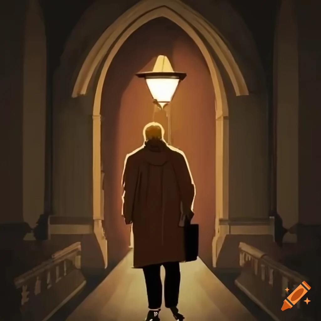 old man walking with a lantern at a churchyard