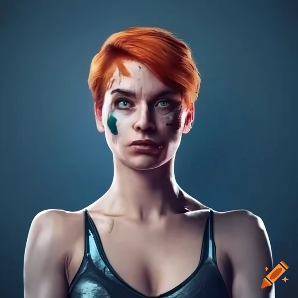 portrait of a futuristic woman with red hair and green eyes