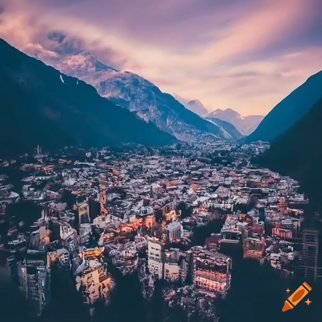 Panoramic view of city skyline with mountains in background and river ...