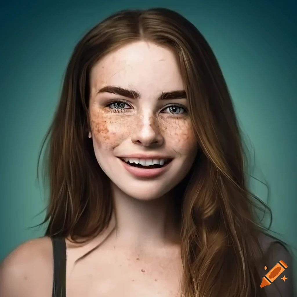 Portrait of a beautiful woman with freckles and brown hair on Craiyon