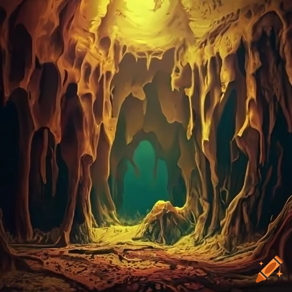 surreal digital art of a cave made of acid and bones