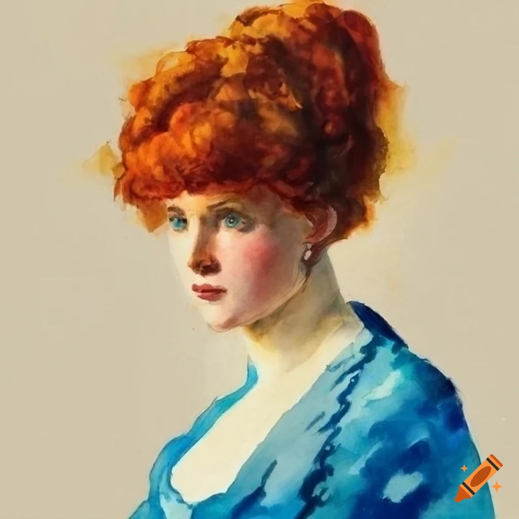 watercolor painting of a red-haired Edwardian lady in a blue gown