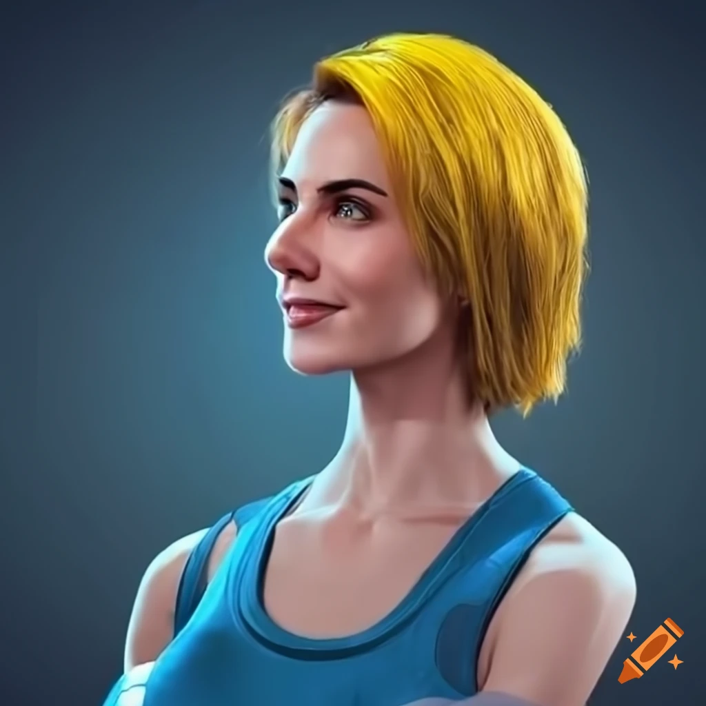 character design of a strong woman with short yellow hair in futuristic clothing