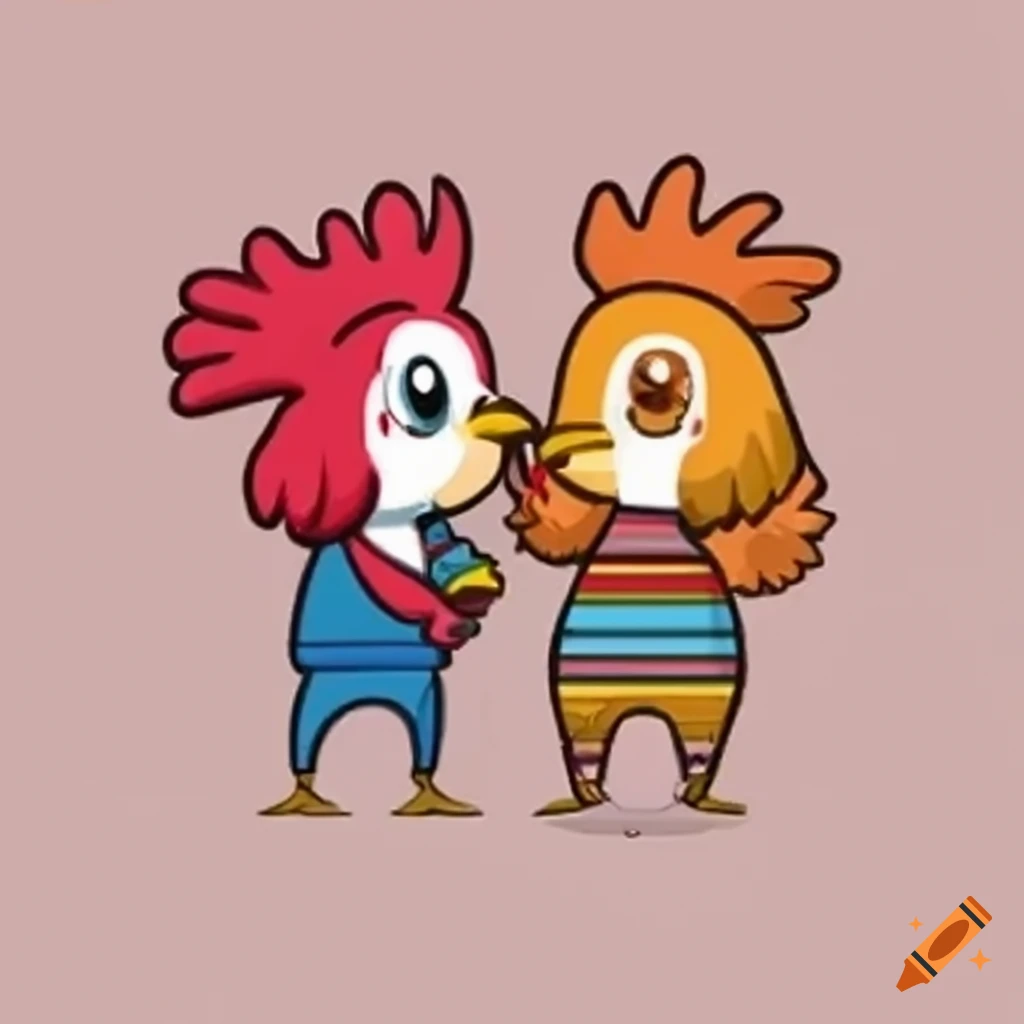 cartoon image of a colorful skinny rooster and guinea pig friends