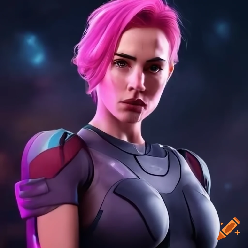 character design of a strong woman with pink hair and futuristic clothing