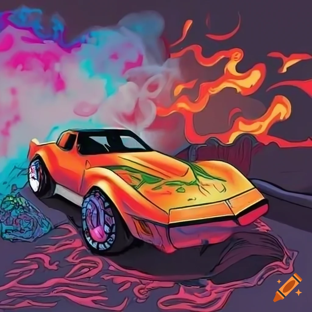 caricature of an orange 1982 corvette with black flames