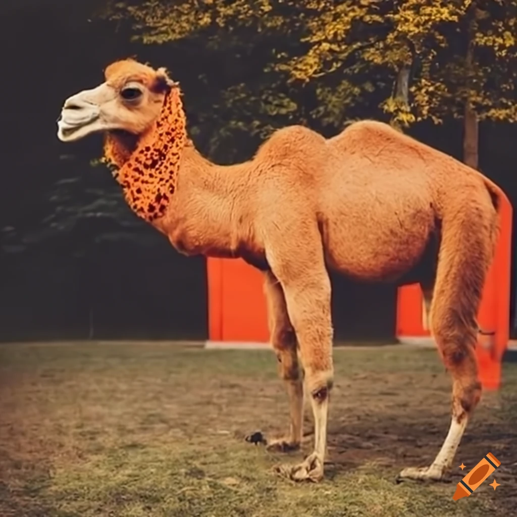 Vibrant orange camel on a university grounds on Craiyon