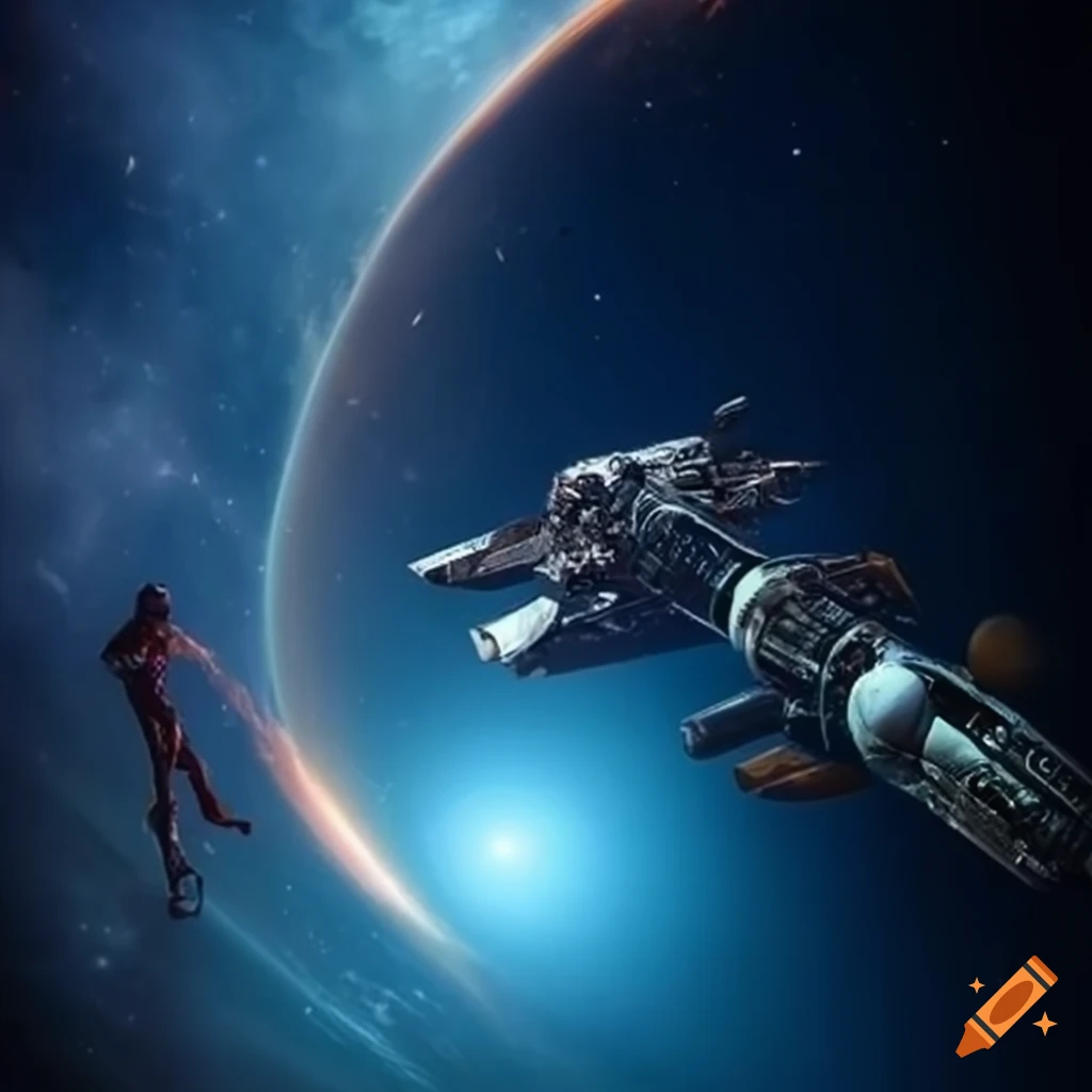 Sci-fi illustration of a spaceship orbiting a planet with woman and man ...