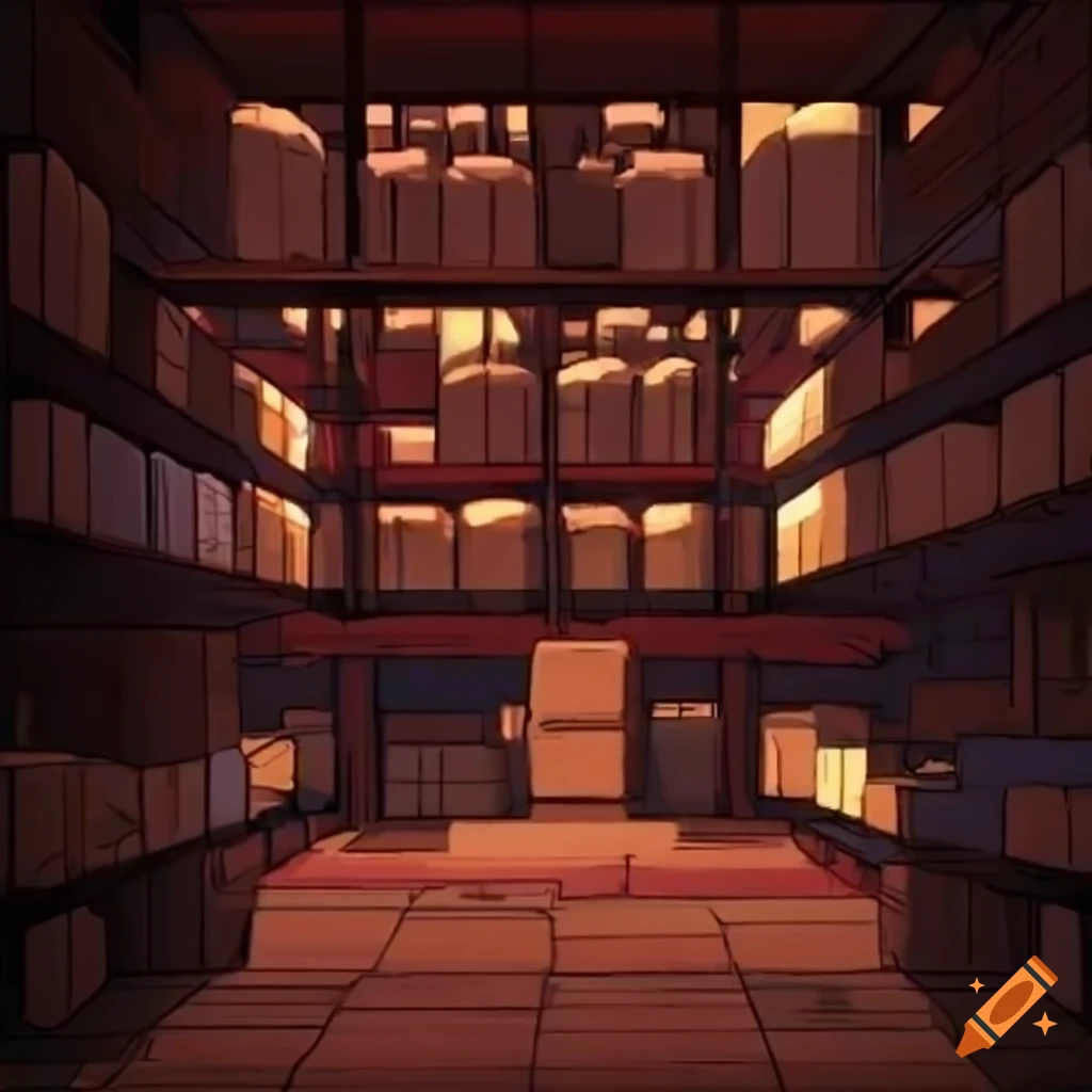 Anime style illustration of a wine warehouse on Craiyon
