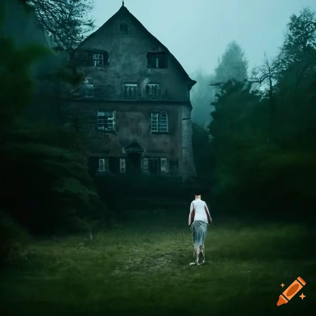 people standing in front of an old manor in the woods