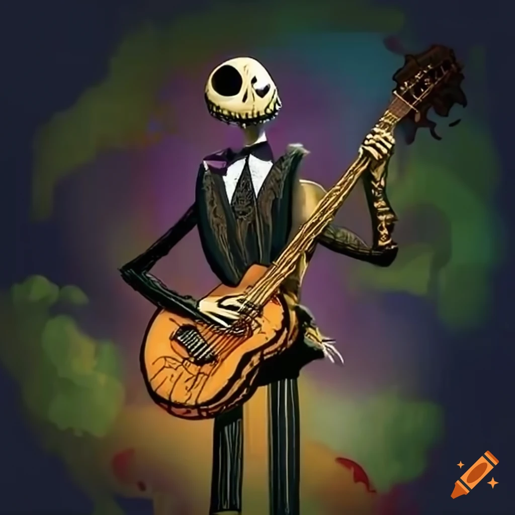 animated punk skeleton playing guitar in a graveyard