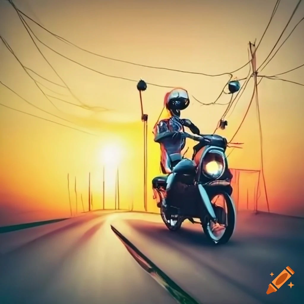 funny illustration of a shrimp riding a motorbike