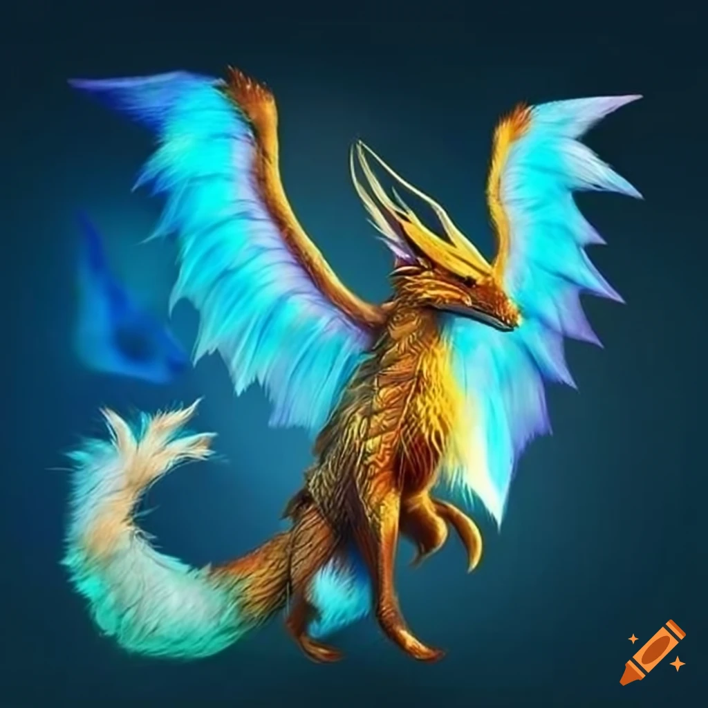 Digital art of a mystical dragon-fox with blue fur and golden wings