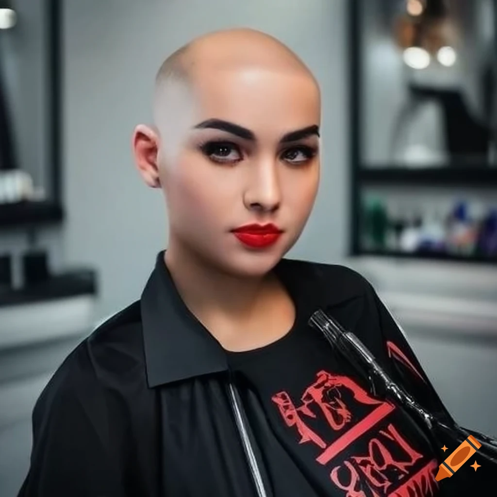 anime-style illustration of a woman with a shaved head in a barbershop