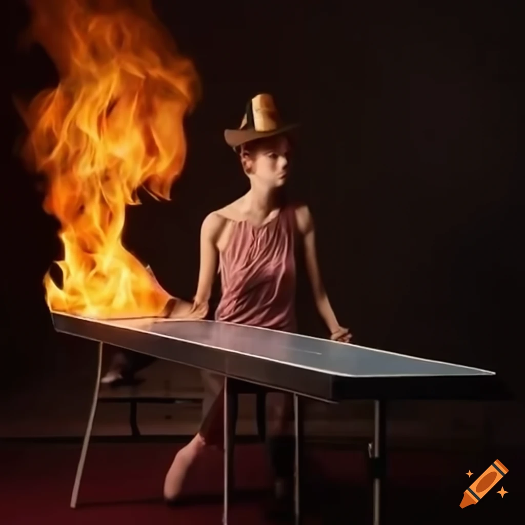 humorous image of a pig playing table tennis with a burning hat