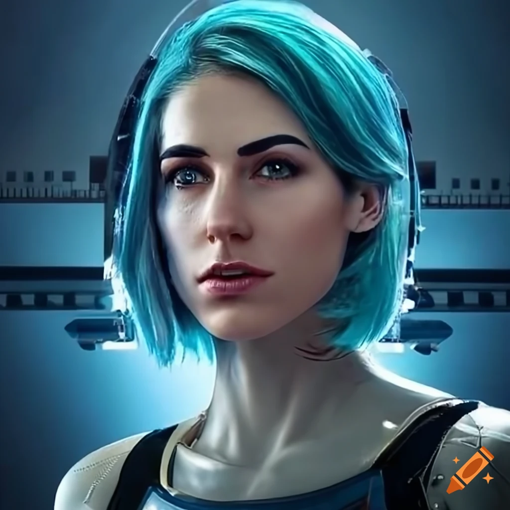 Sci-fi character with short blue hair and futuristic clothing on Craiyon