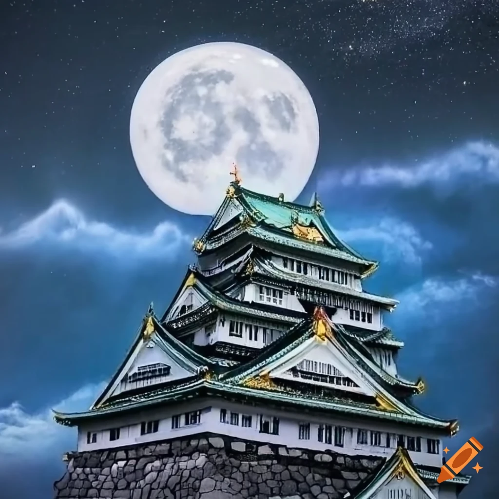 Osaka castle under starry night with full moon on Craiyon