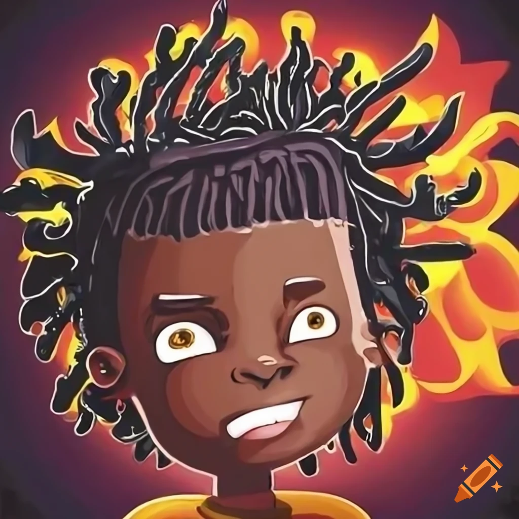 Cartoon illustration of a boy with dreadlocks and fire on Craiyon