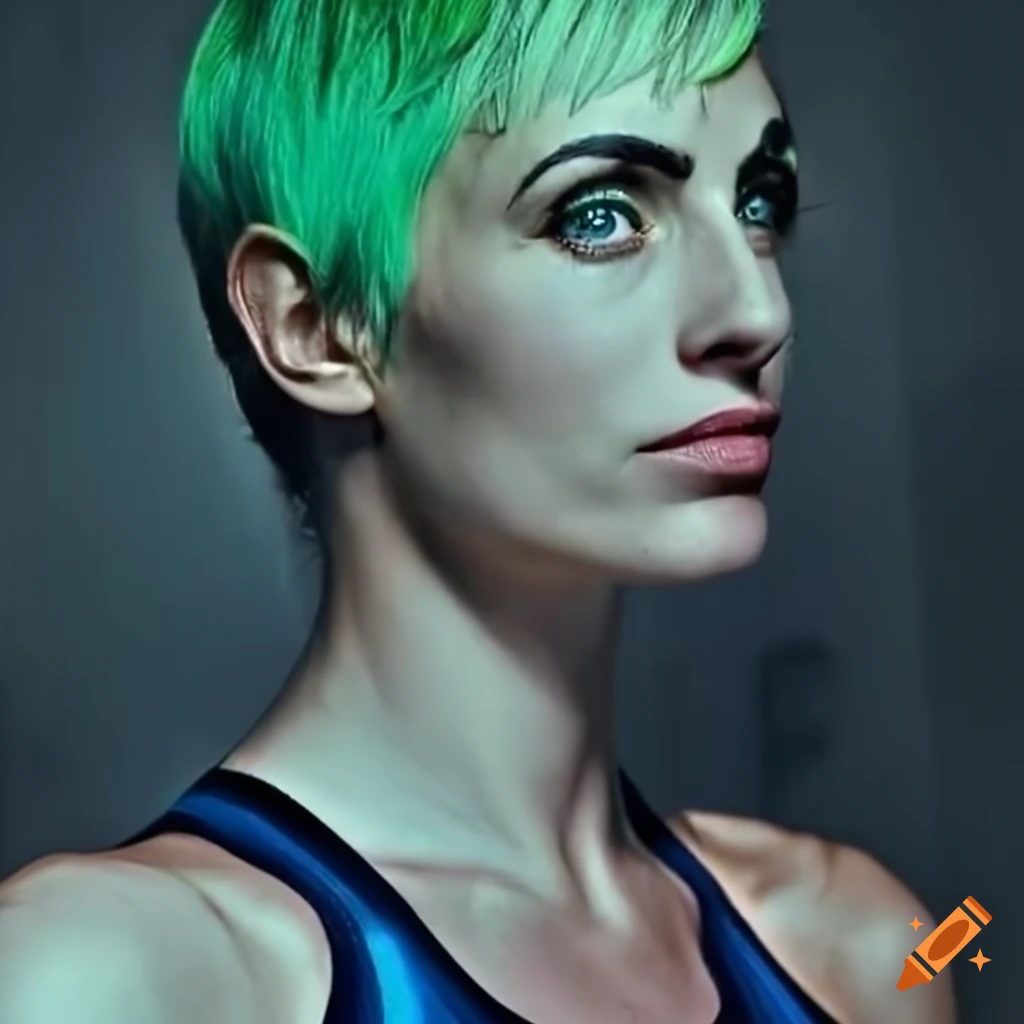 Portrait Of A Futuristic Woman With Green Hair And Striking Green Eyes