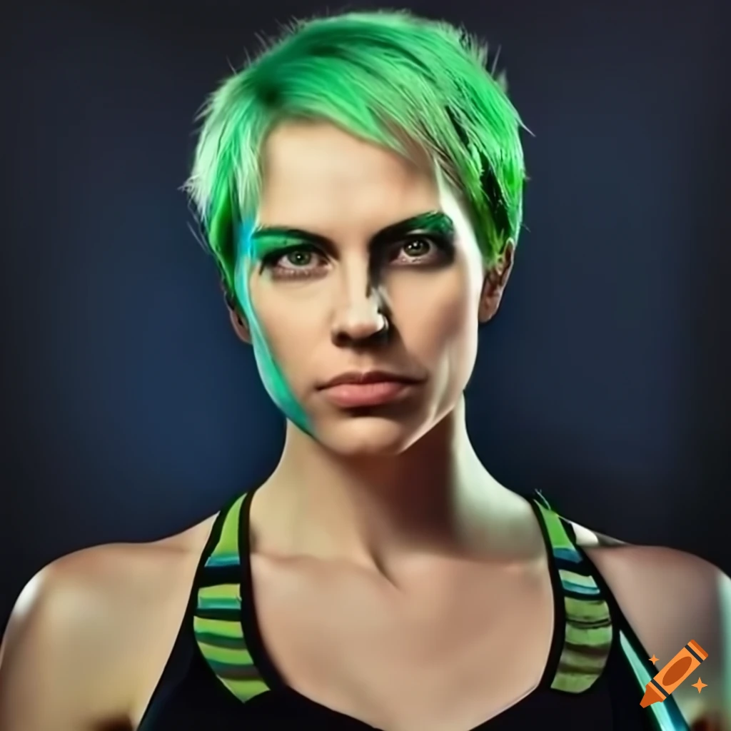 Digital Art Of A Futuristic Woman With Green Hair And Green Eyes On Craiyon