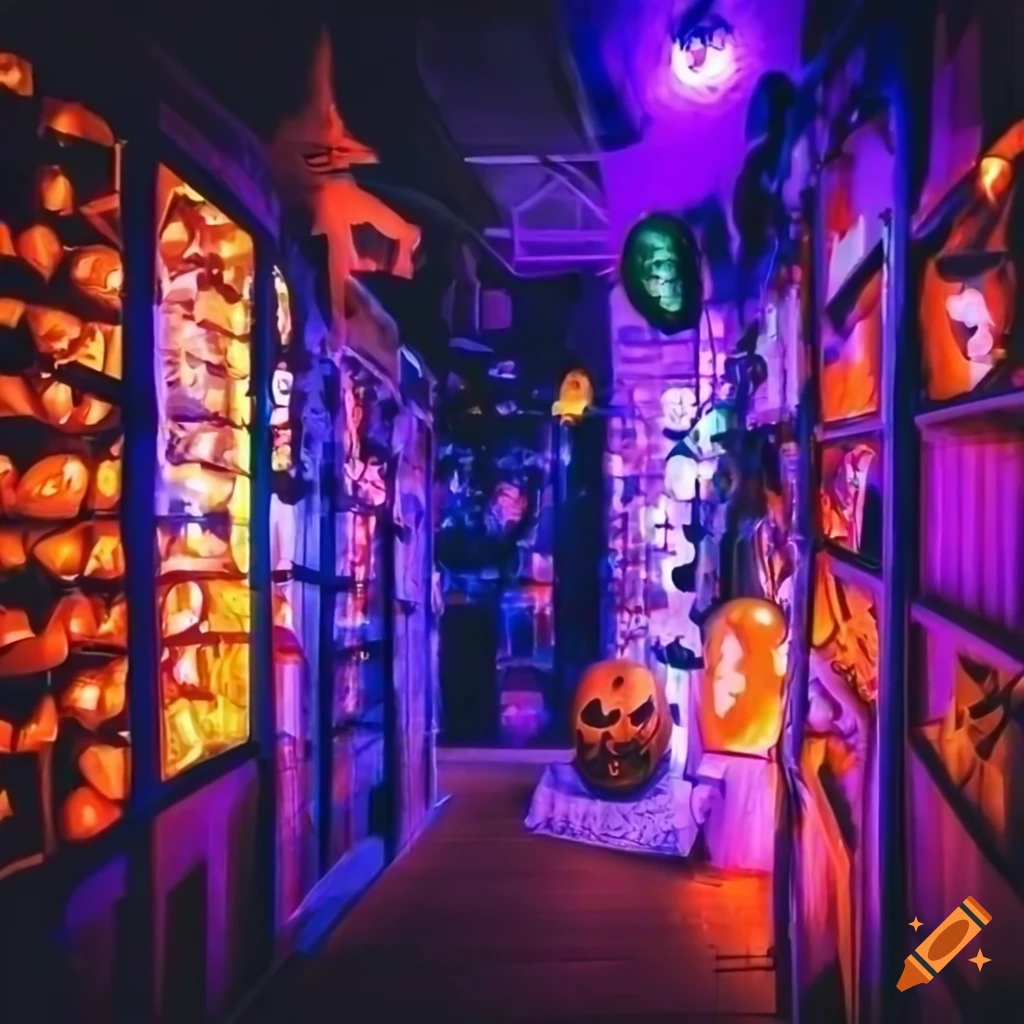 Vibrant halloween costume shop with purple and orange lights on Craiyon
