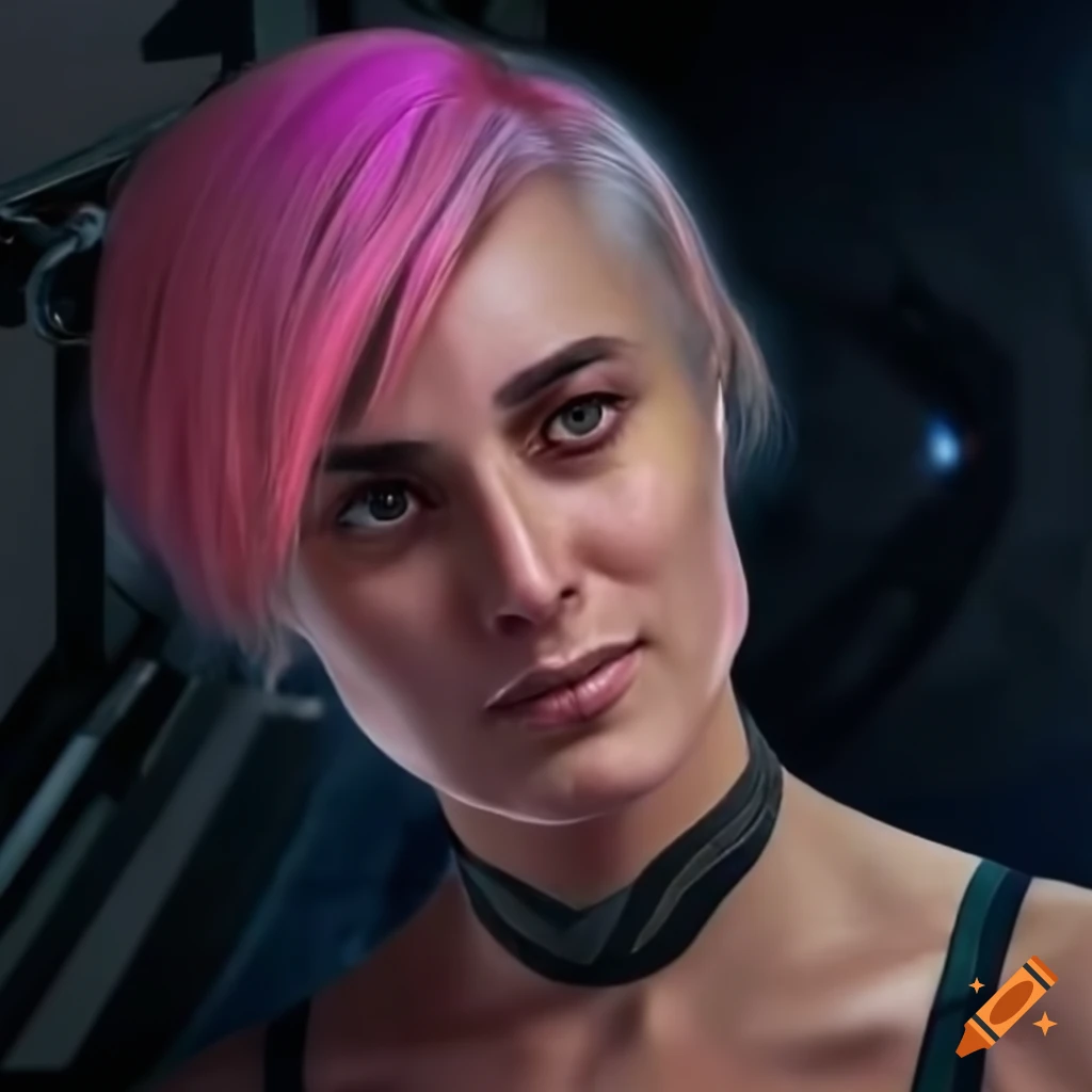 30-year-old woman with short pink hair in futuristic clothing