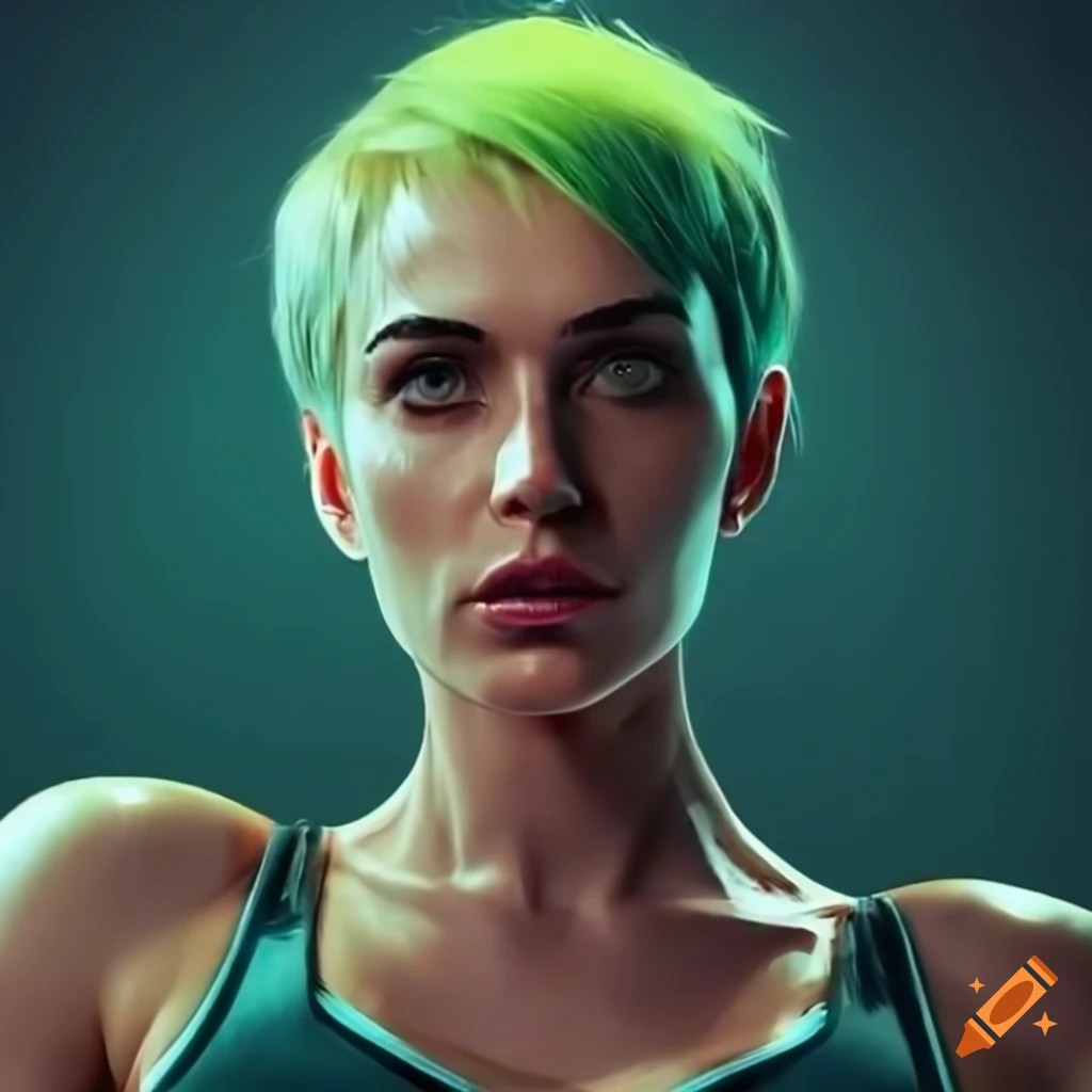 Character Design Of A Futuristic Woman With Short Green Hair And Green Eyes On Craiyon 3504