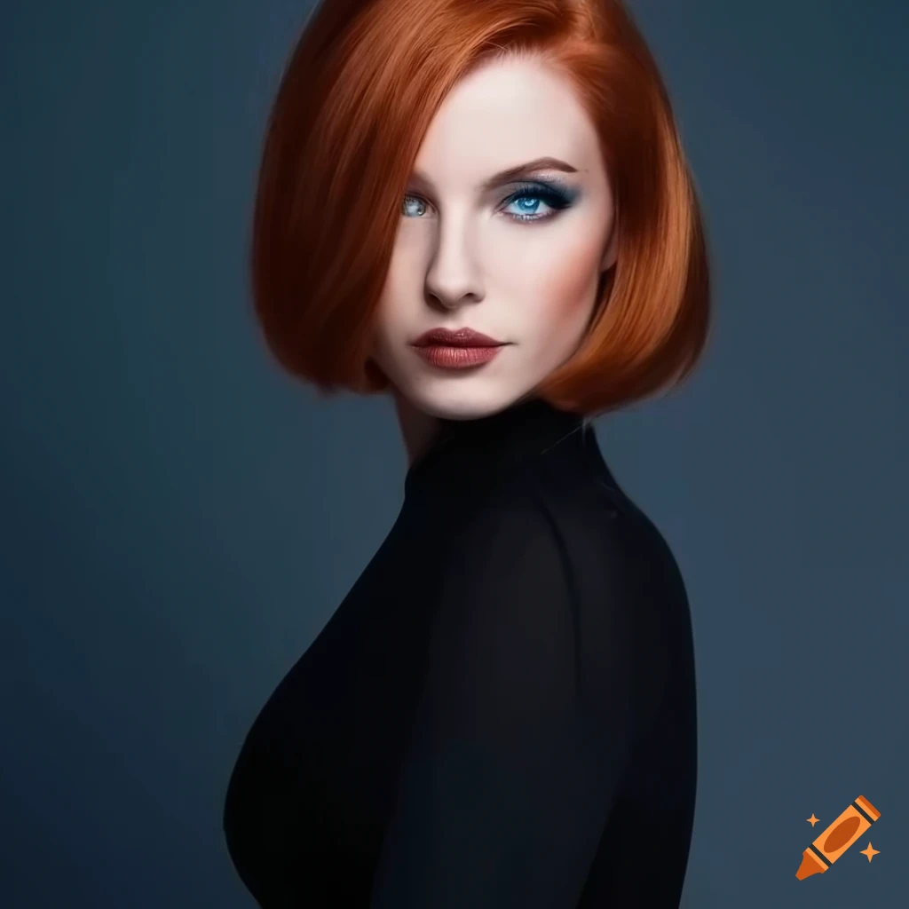 Elegant woman with red hair and blue eyes in a black gown on Craiyon