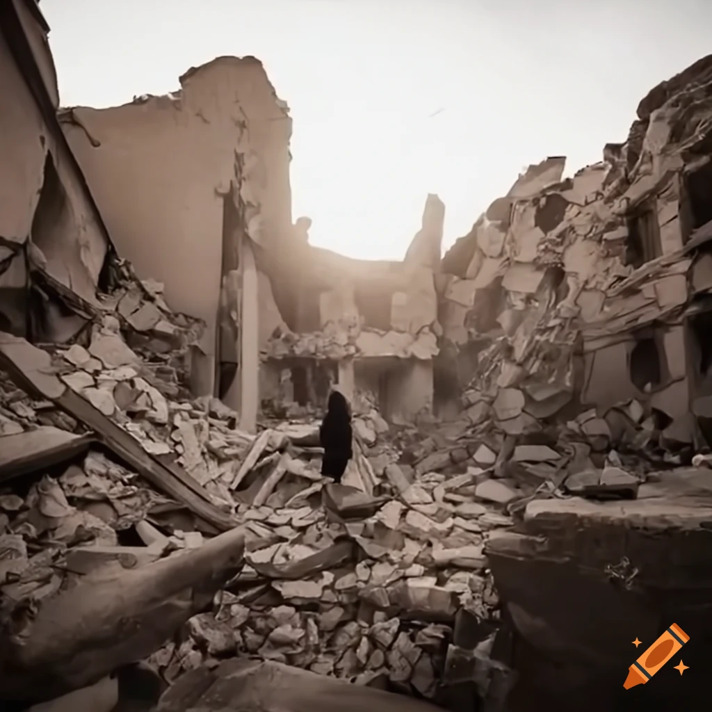 image of a muslim woman amidst rubble