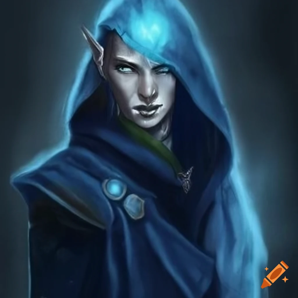 Male high elf rogue character with blue cloak and dagger on Craiyon