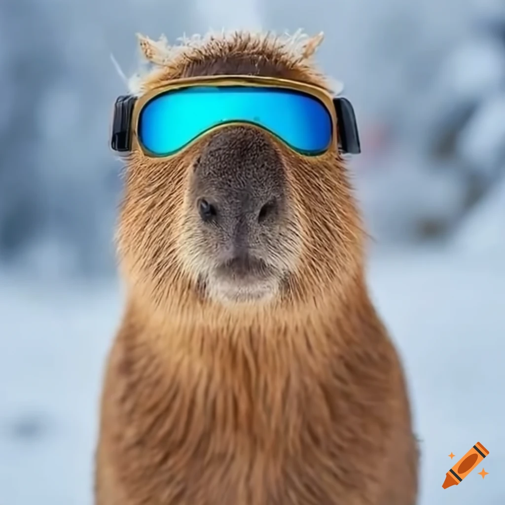 capybara wearing ski goggles in a snowy landscape
