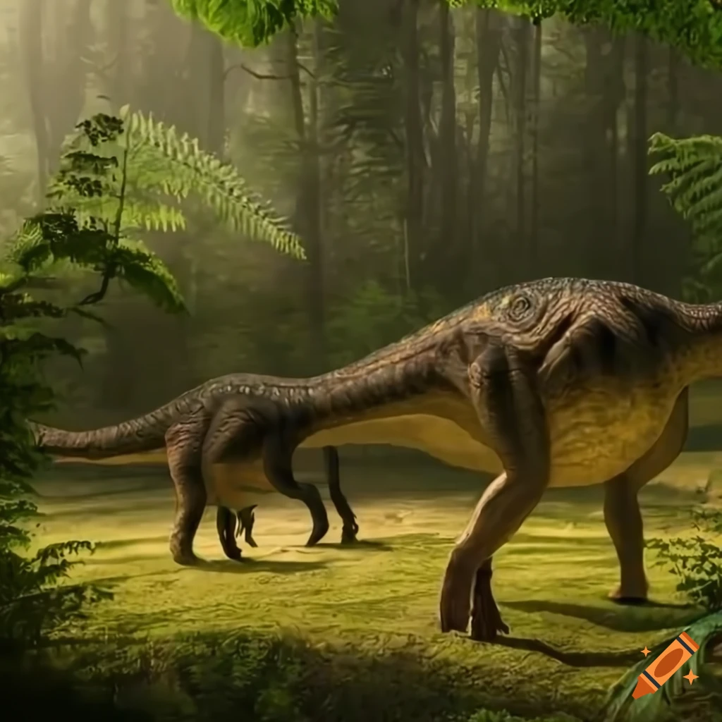 Group of hadrosaurus dinosaurs in prehistoric landscape