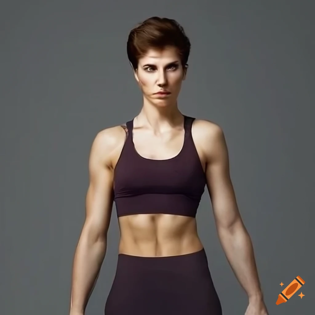 Fit woman with short cropped hair in gym clothes on Craiyon