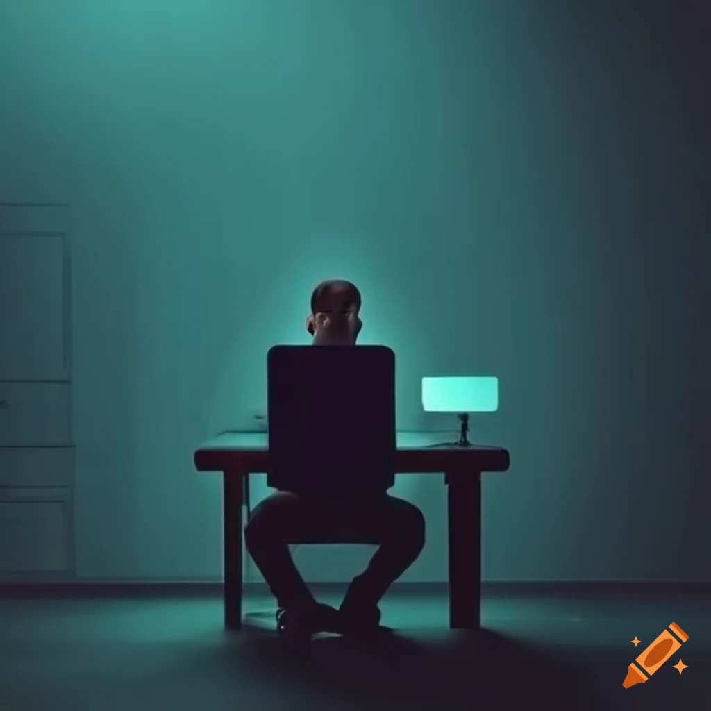 Man working on a computer in a dark room on Craiyon